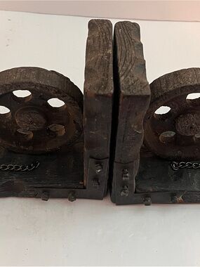 Vintage Rustic Wooden Pulley Bookends - Dark Brown